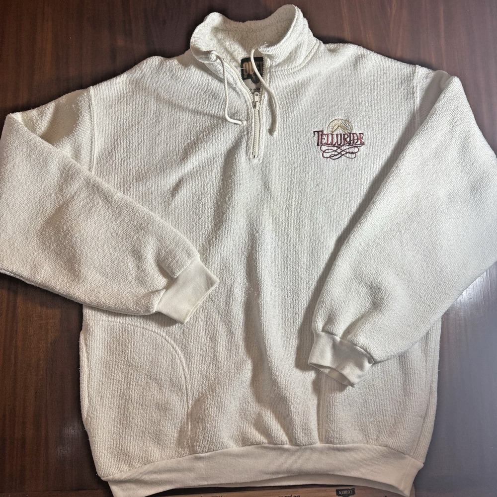 Vintage Telluride 1/4 Zip Pullover –Adult Medium –Made in USA Cream Fleece lined